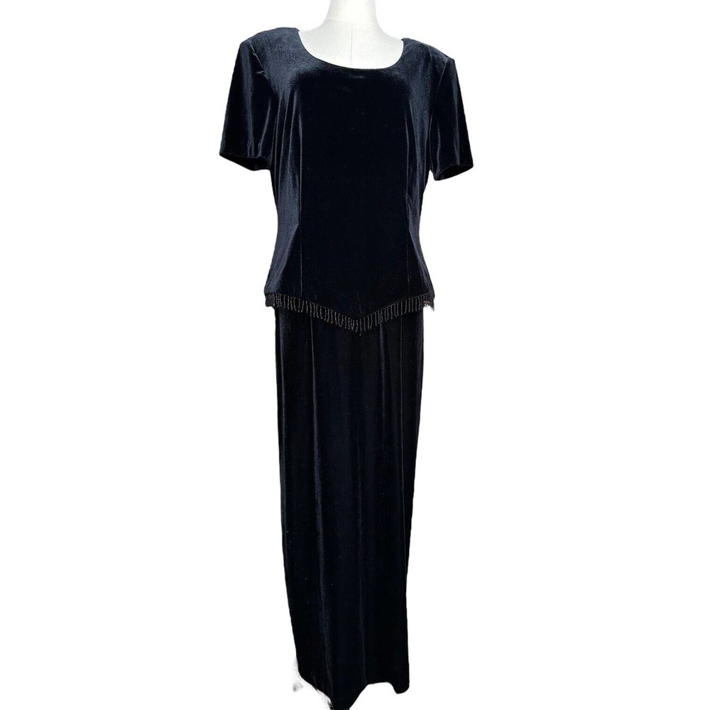 Dressbarn Long Black Velvet Party Formal Cocktail Dress Beaded Fringe Stretch 14